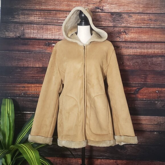 Mulberry Street Hooded Coat XL Faux Suede Faux Fur Lined Zip Vintage Camel Tan - Picture 6 of 9